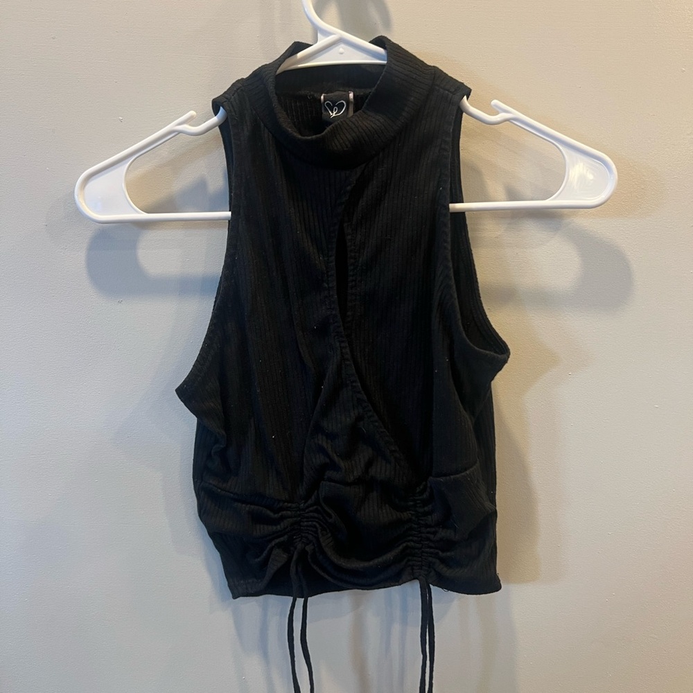 Black Ruched Sleeveless Tank Top with Mandarin Collar